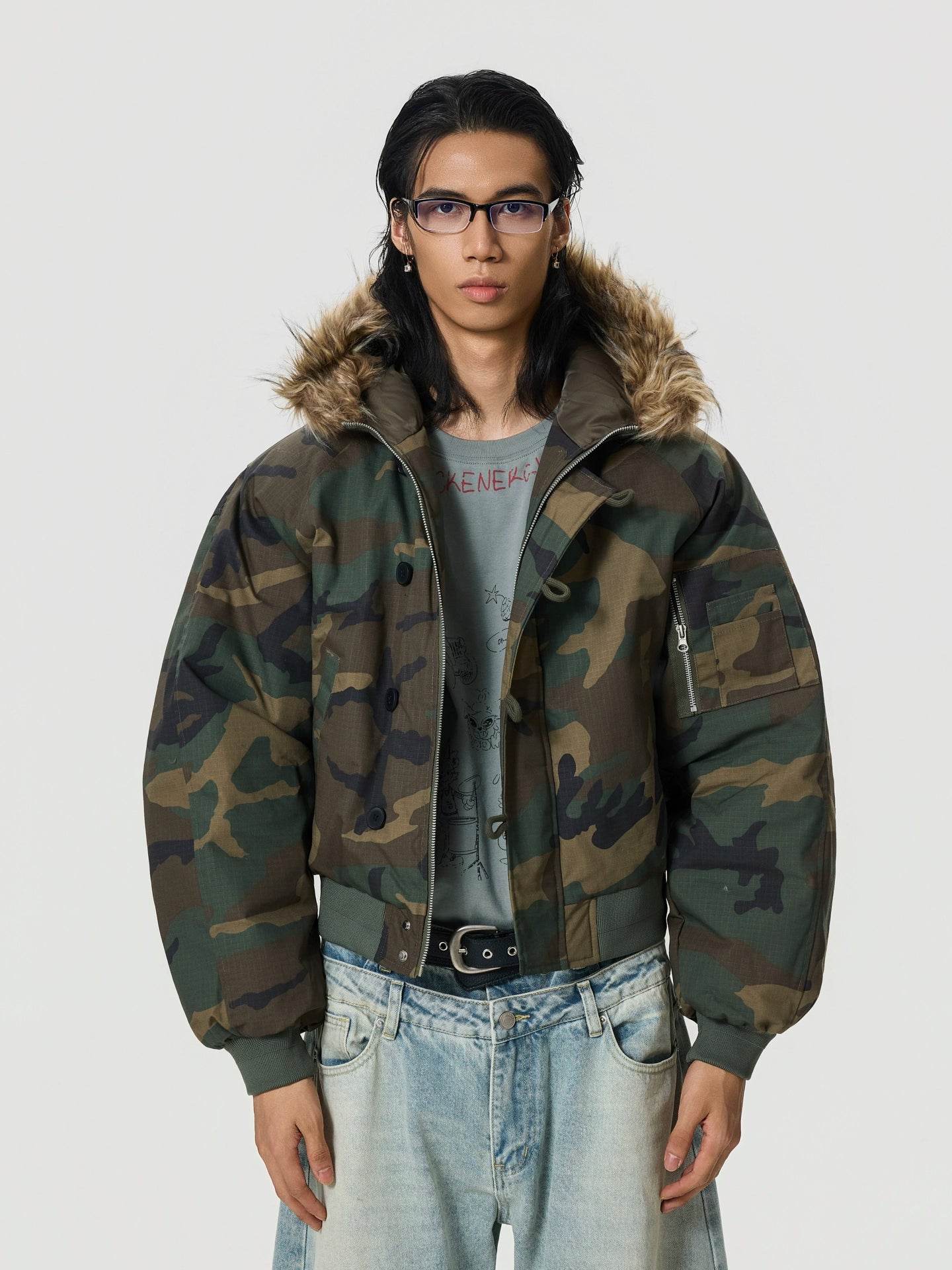 BTSG Camouflage Fur Collar Zip Jacket Cotton