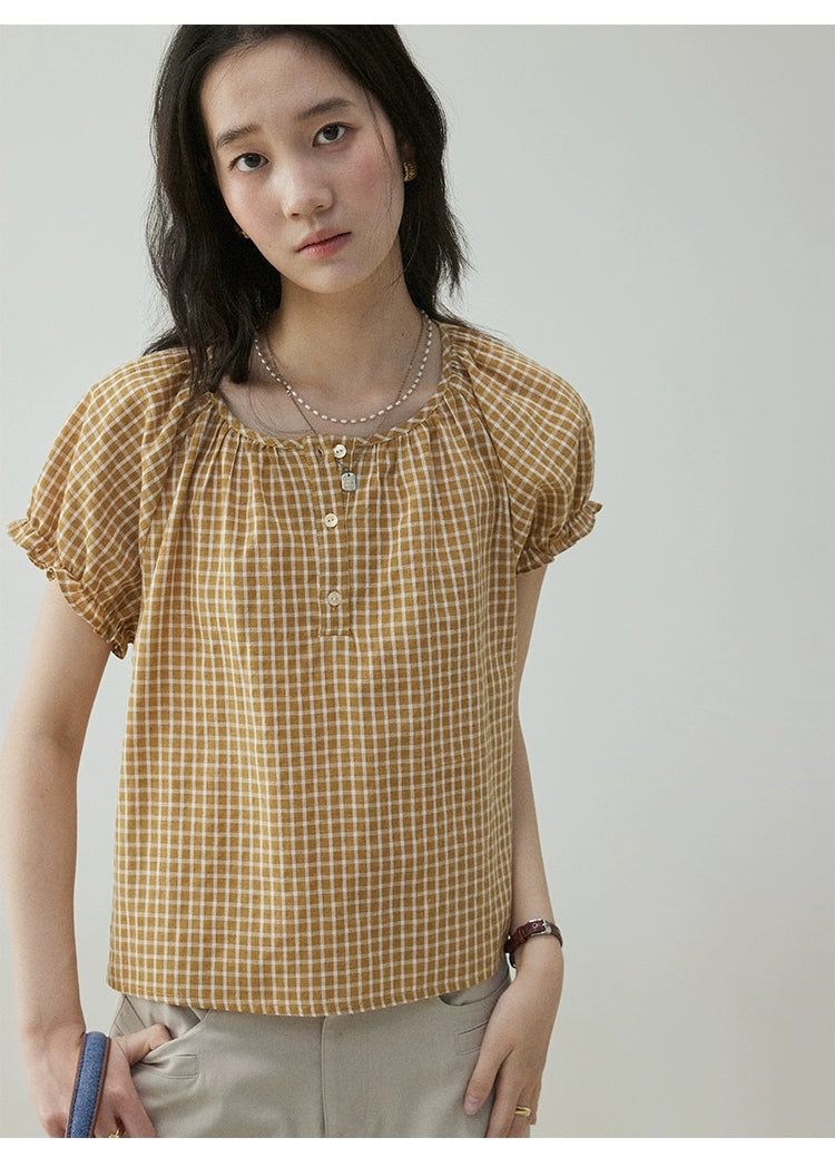 VOOE Vintage Plaid Loose Casual Bubble Sleeve Shirt