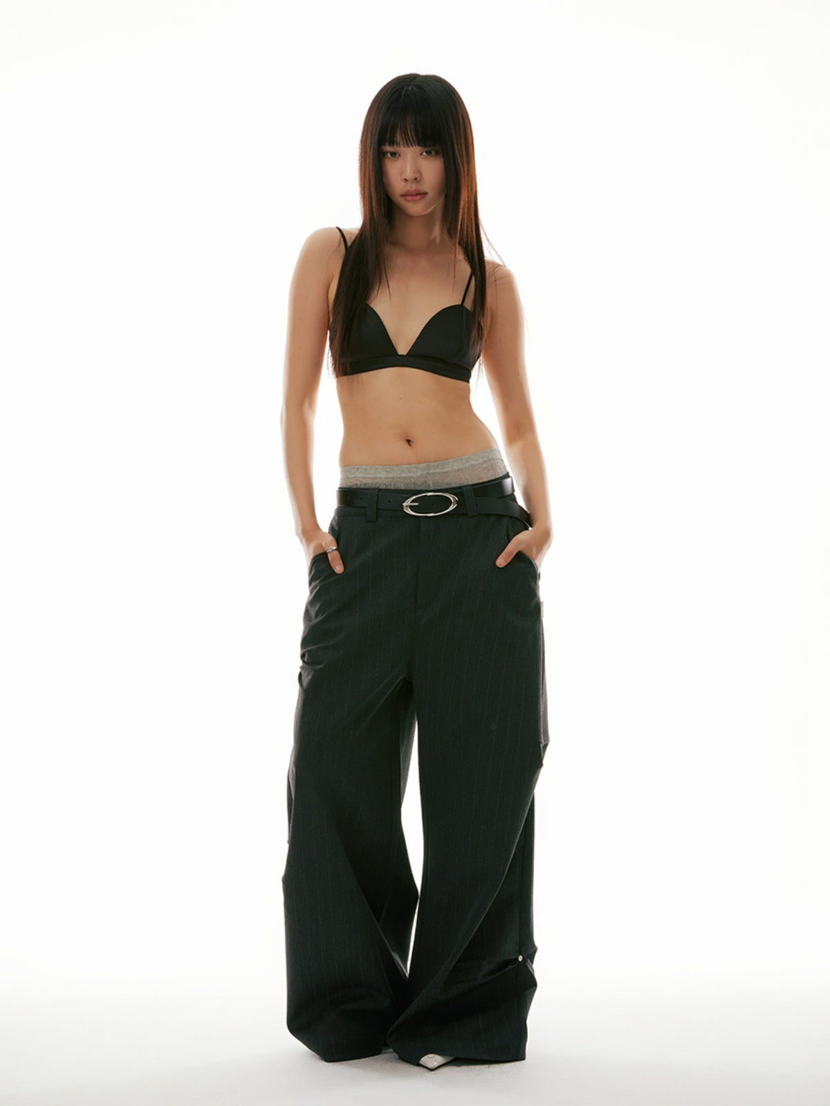 FUNKYFUN Stud Three-dimensional Pleated Dark Striped Straight Pants