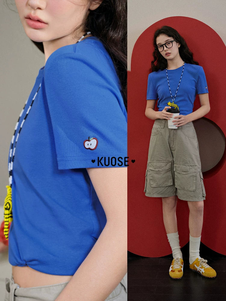 Kuose Crew Neck Embroidered Short Knitted Tee