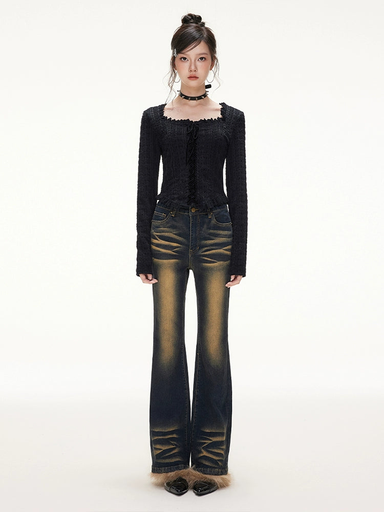 IMONE Velvet Strap Lace Square Collar Long Sleeve