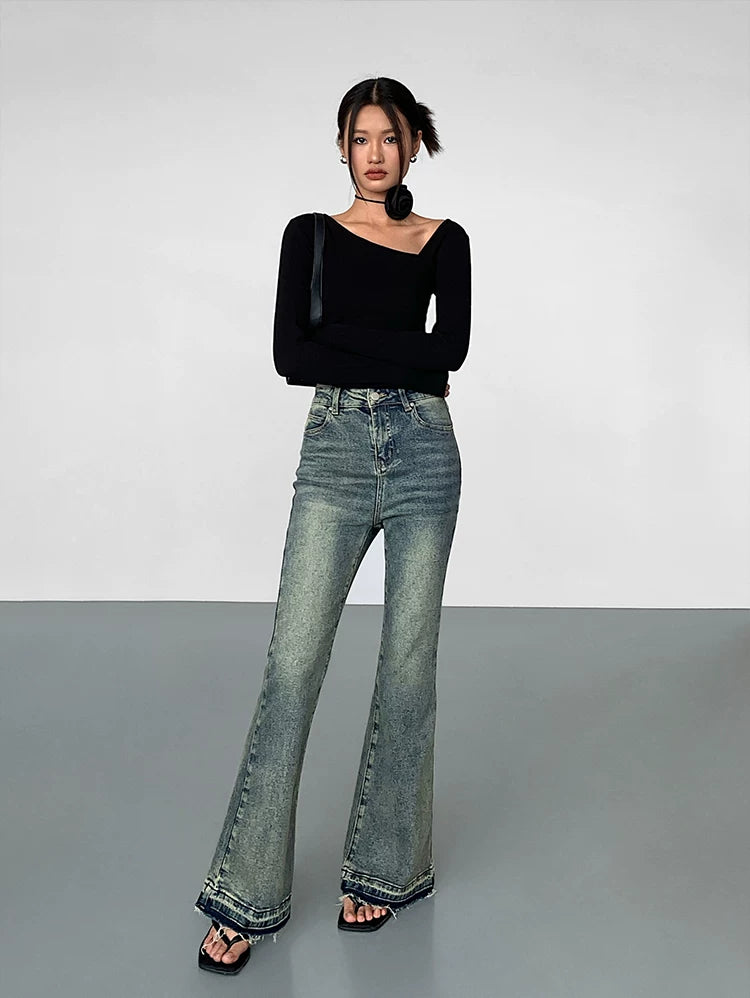 OUSPH Vintage High Waist Burr Edge Pull Jeans(clearance)