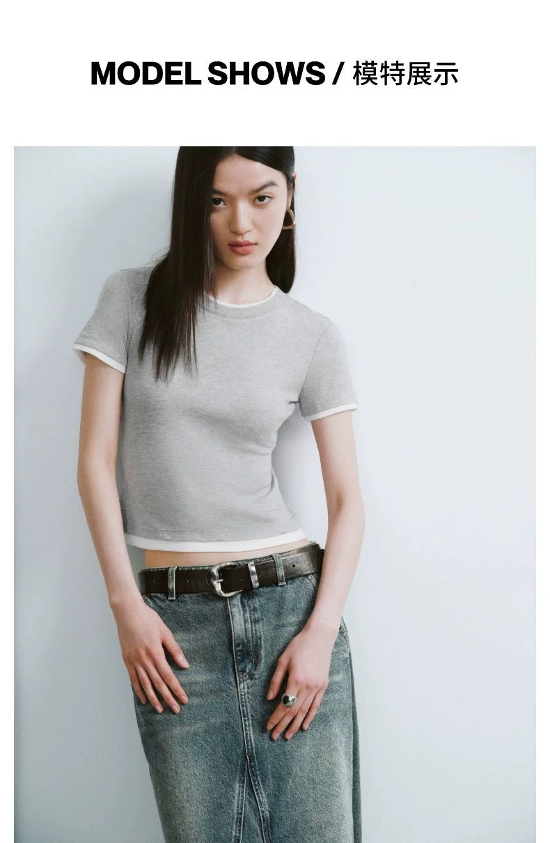 URBAN REVIVO Contrasting Splicing Fake Two-piece Crew Neck Tee