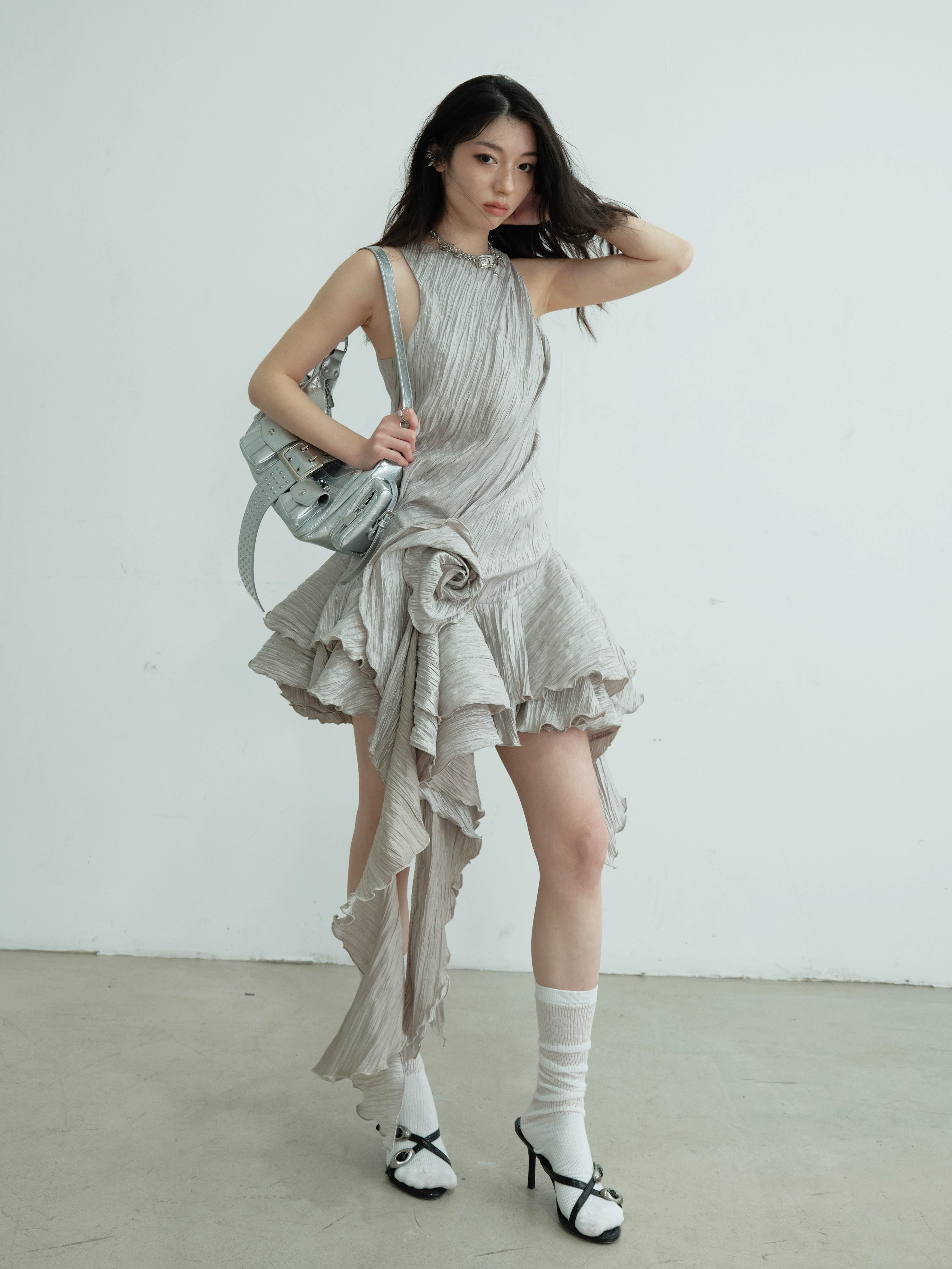 JNYLON Vintage Pleated Irregular Ruffle Dress