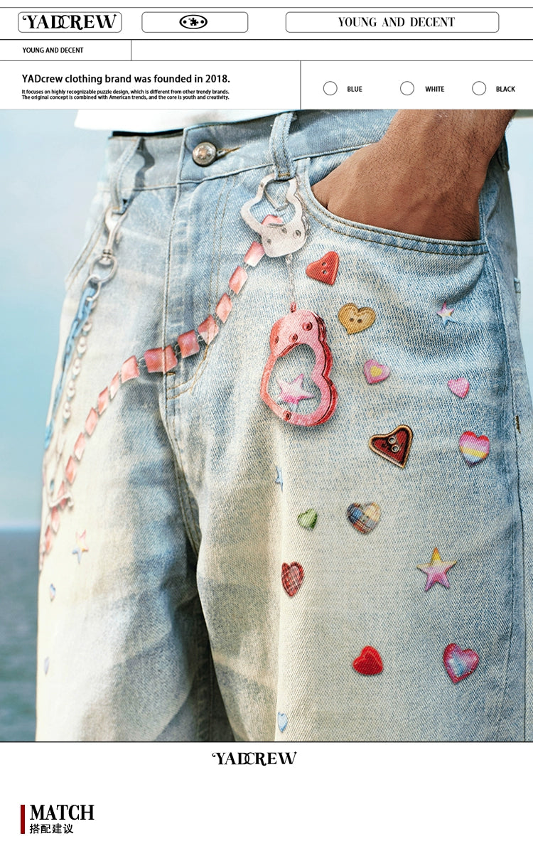 YADcrew Stream Sticker Print Pants Versatile Casual Jeans