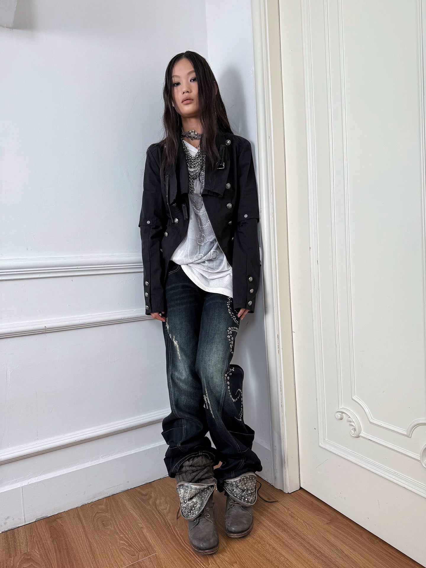 DoublePunch Micro-pull Hot Drill Frayed Stacked Silhouette Jeans