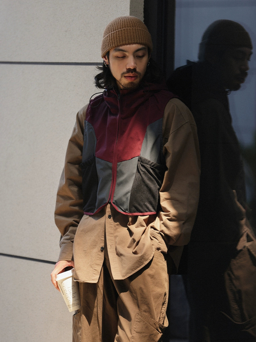 NOEARS Hooded Retro Loose Sleeveless Contrasting Vest