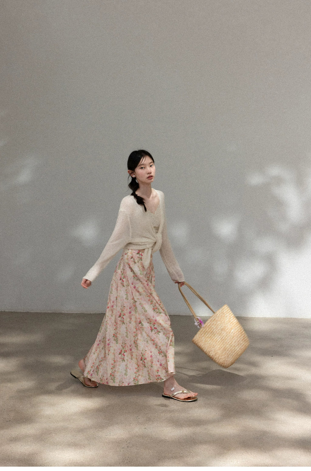 Cantonstory Floral High Waist Slim Skirt Knitted Cardigan Set
