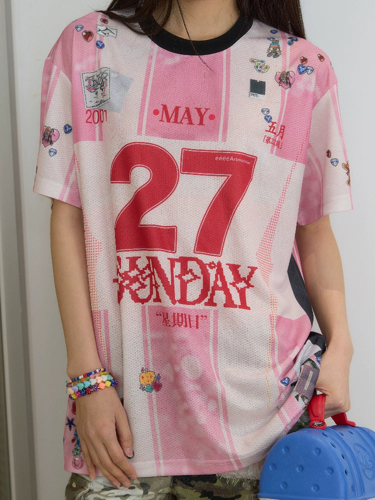 EeeeArtmonster Calendar Striped Sticker Sports Wind Contrasting Tee