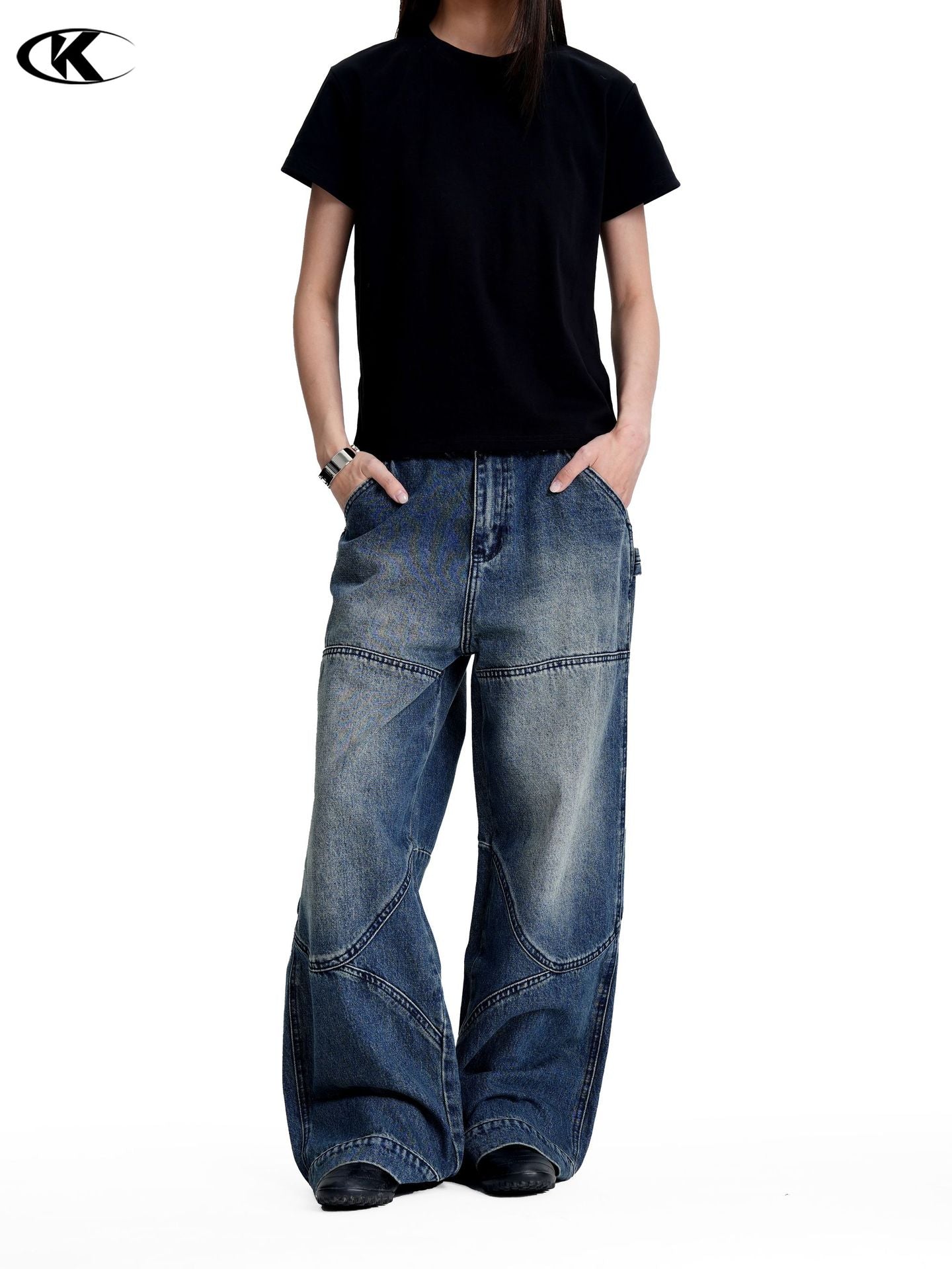 11KN Retro Loose Deconstruction Splicing Straight Jeans