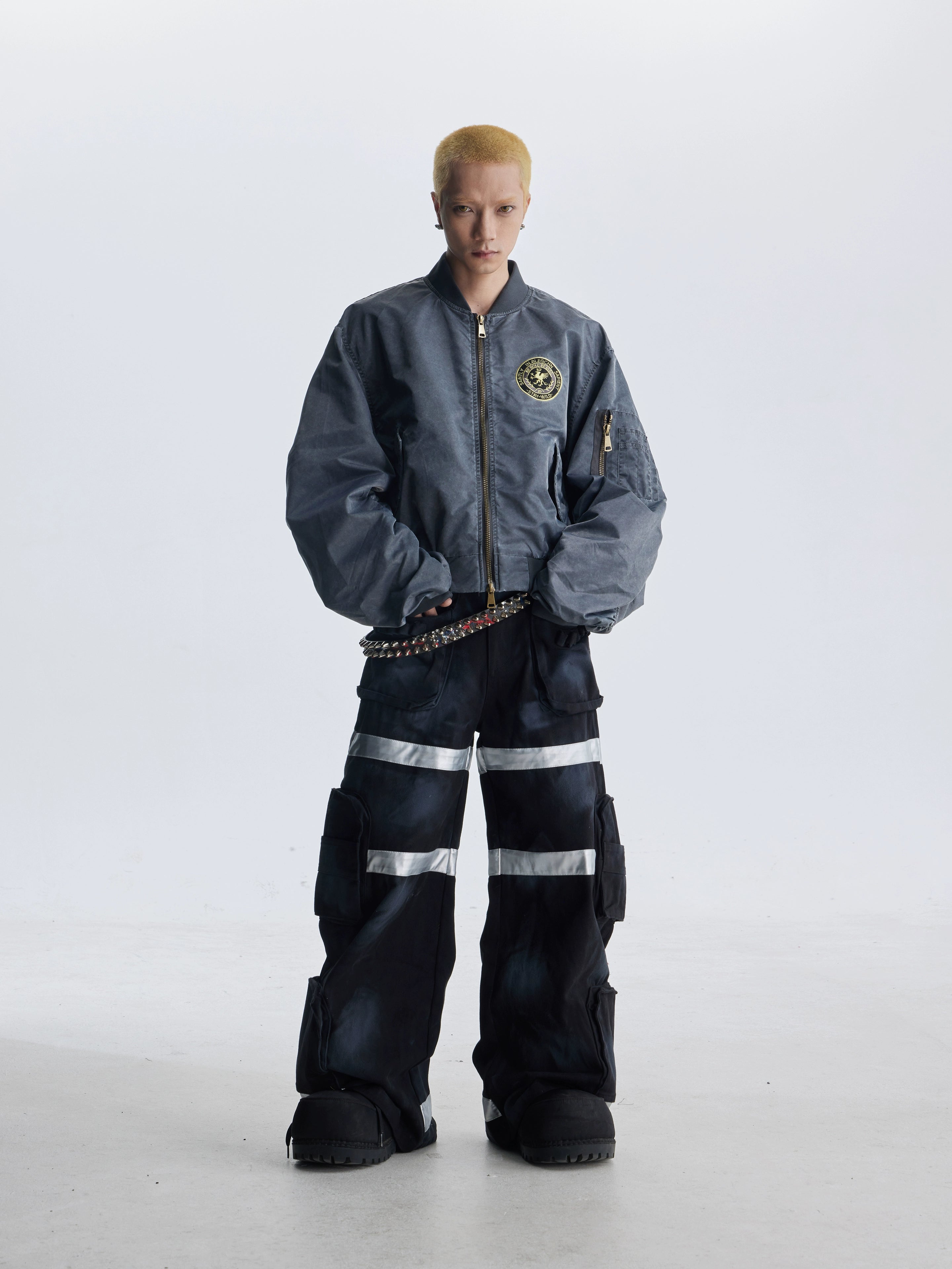 NOMANIAI Dirty-dyed Multi-pocket Workwear Wide-leg Jeans