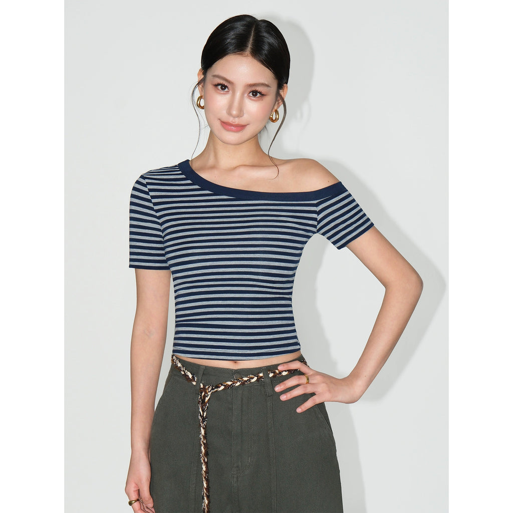 NEVA HU Temperament Slant Neck Off-Shoulder Striped Tee