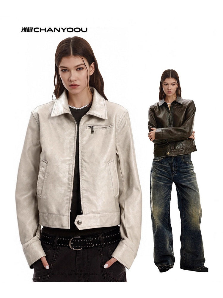 CHANYOOU Retro Lapel Short Leather Jacket
