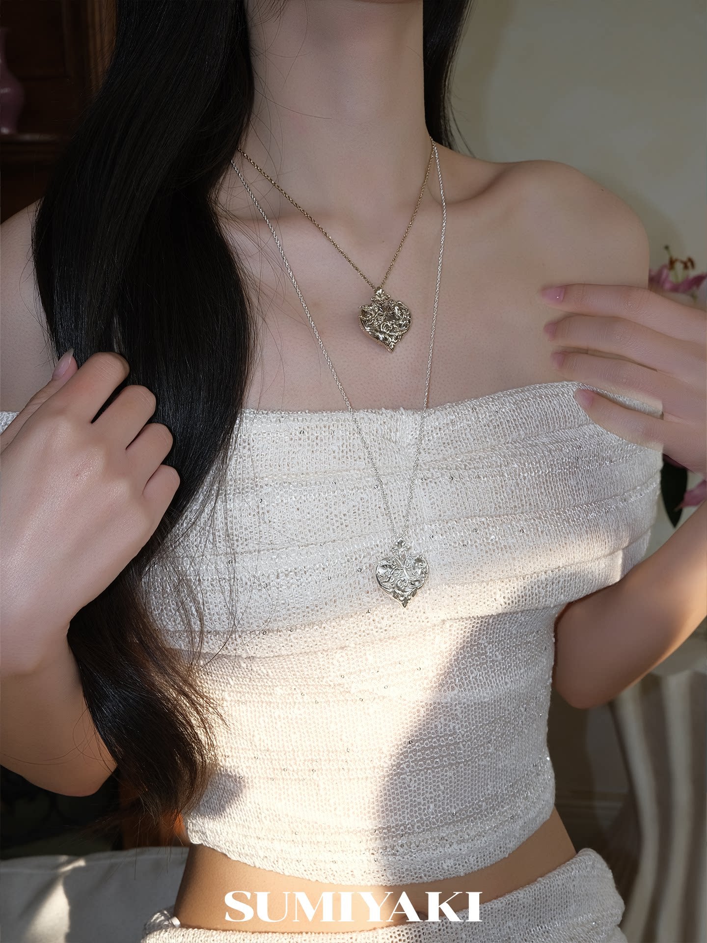 SUMIYAKI | Alloy Gold-Plated Embossed Heart Sliding Necklace