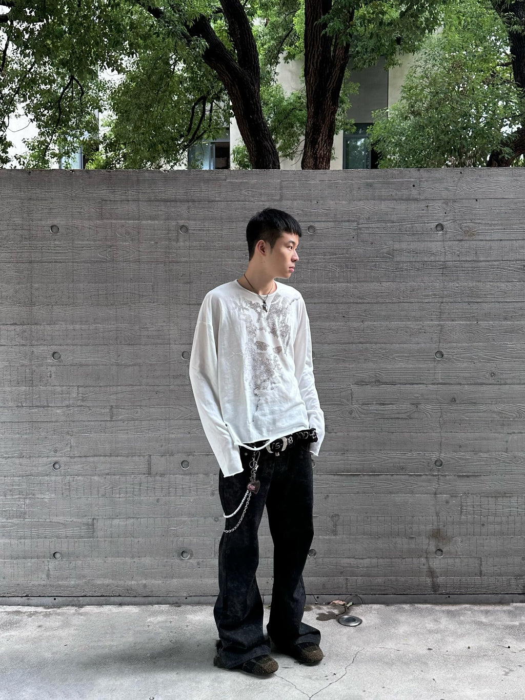 Human Voices Skull Guitar Print Destroy Mesh Long Sleeve