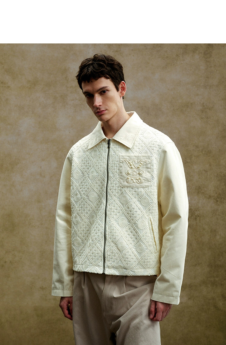 YADcrew Vintage Embroidered Zip Lace Lapel Jacket