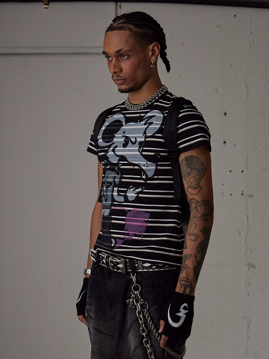 DND4DES Bad Mouse Slim Stretch Print Striped Tee