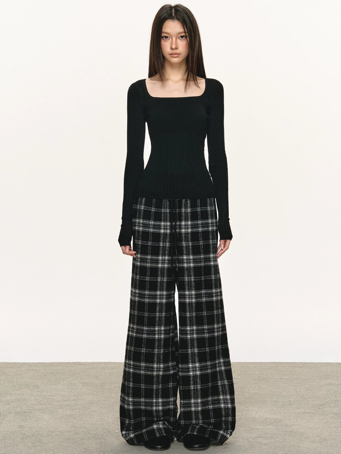 Anna Aneae Lazy Loose Wide Leg Straight Checkered Pants