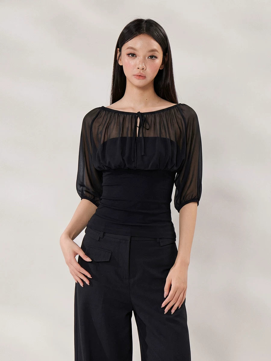WITHMIN Front Shoulder Waist Thin Fake Two-piece Tee