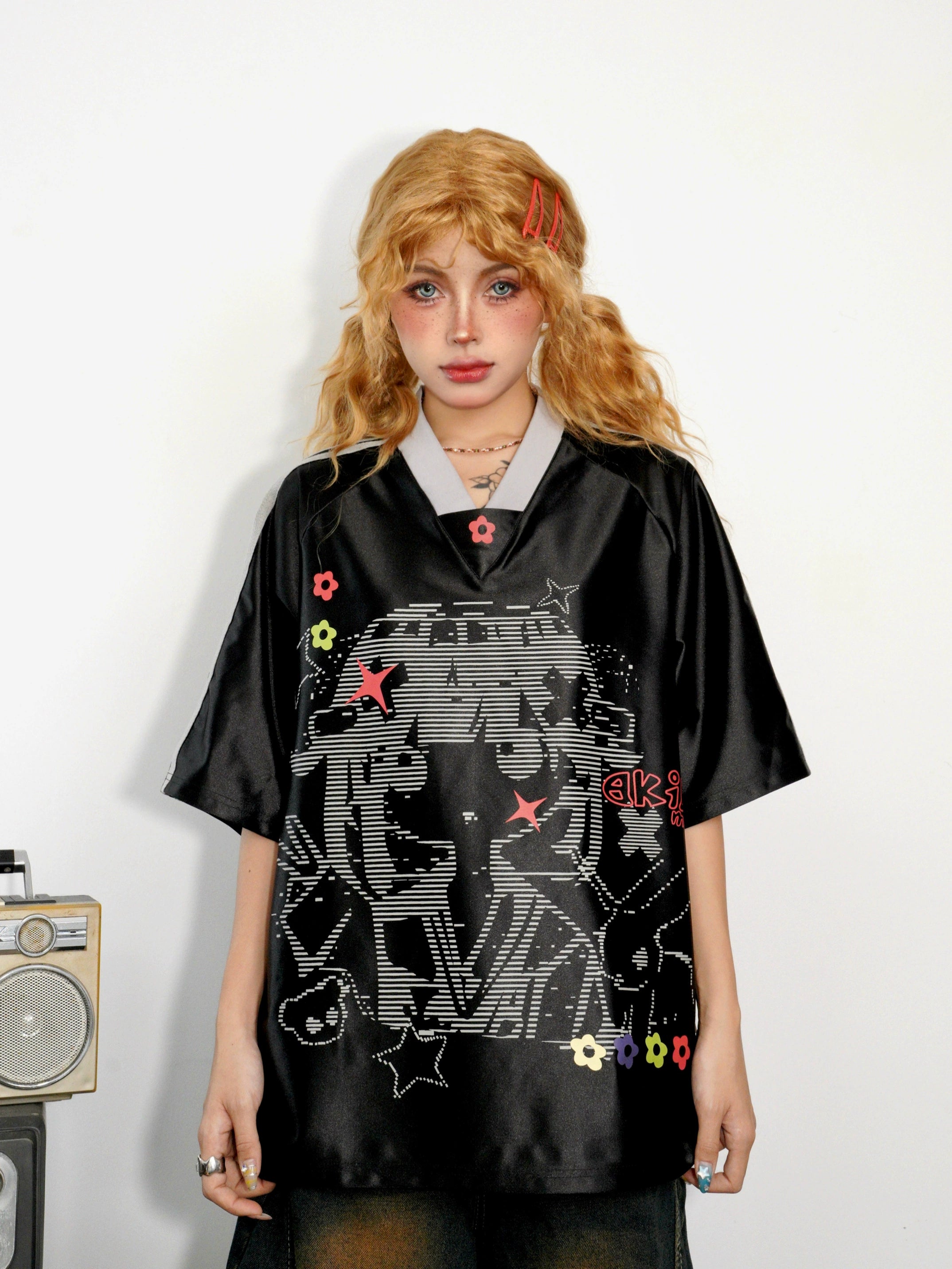 BANGU Retro Three-bar Cartoon Loose Jersey Tee