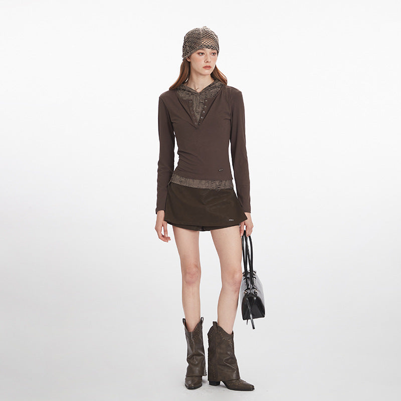 Nariele Fake Two-Piece Hooded Ripped Slim Long Sleeve