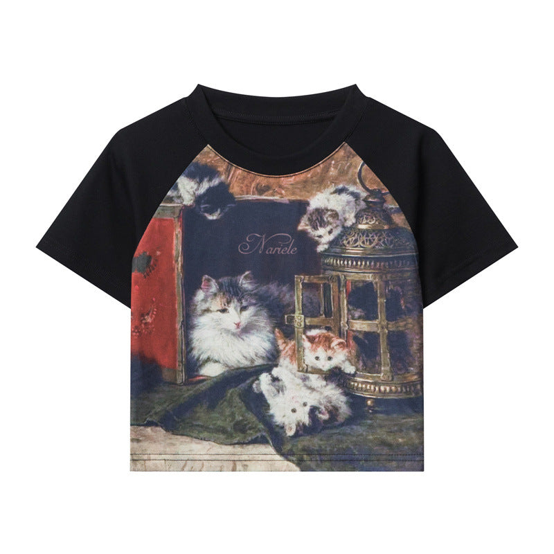 Nariele Cat Digital Print Button Tee