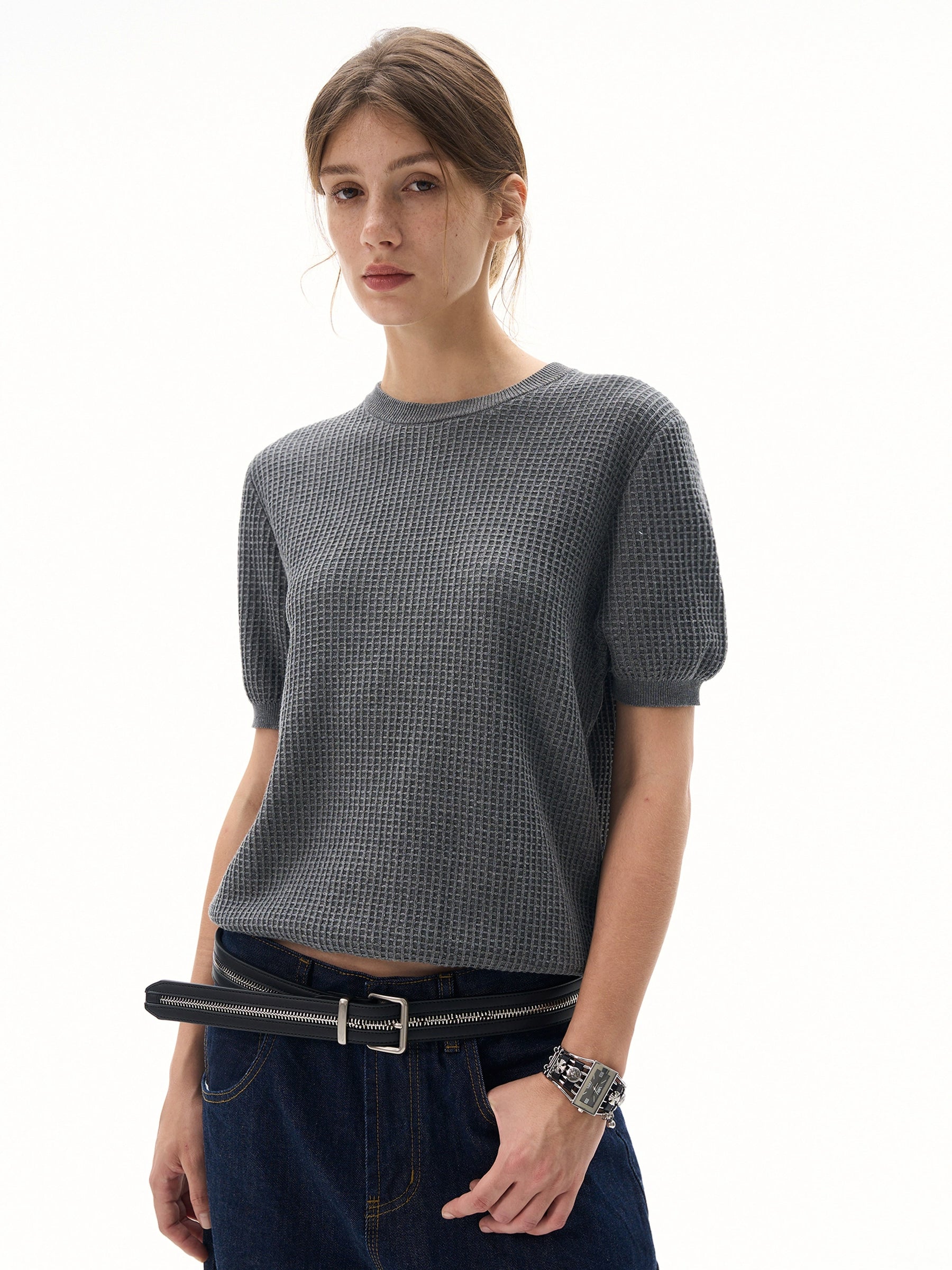 MADWITCH Simple Texture Waffle Knitting Tee