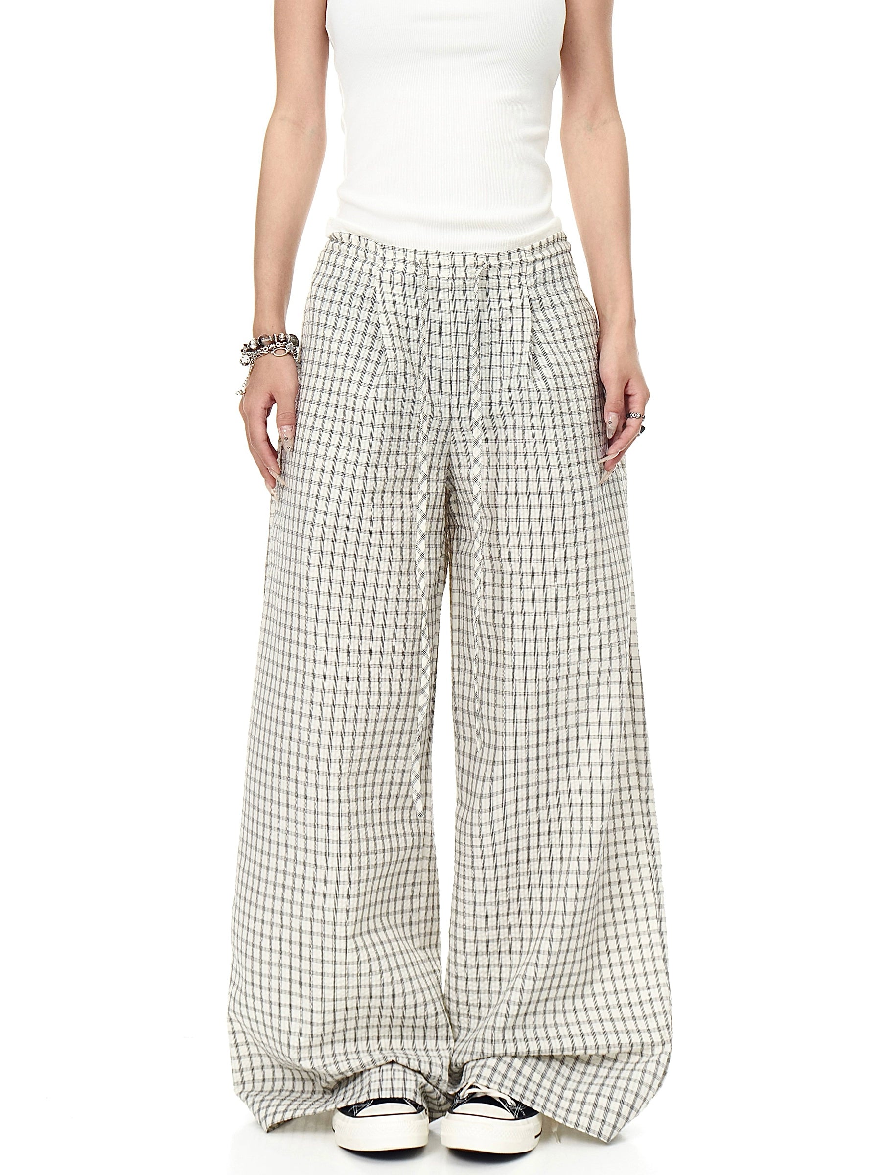BLACKLISTS Lazy Casual Checked Wide Leg Floor Pants