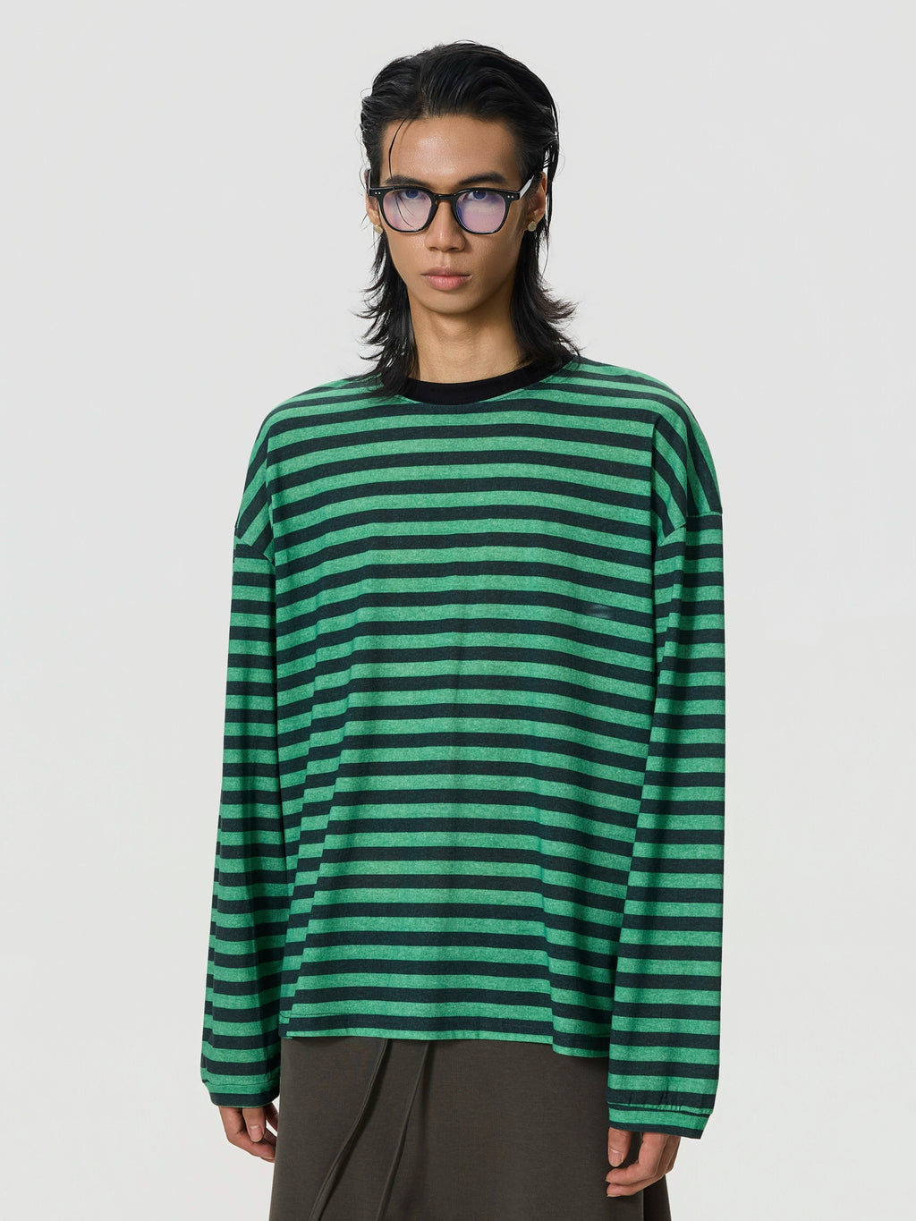 BTSG Vintage Loose Shoulder Black Green Striped Long Sleeve