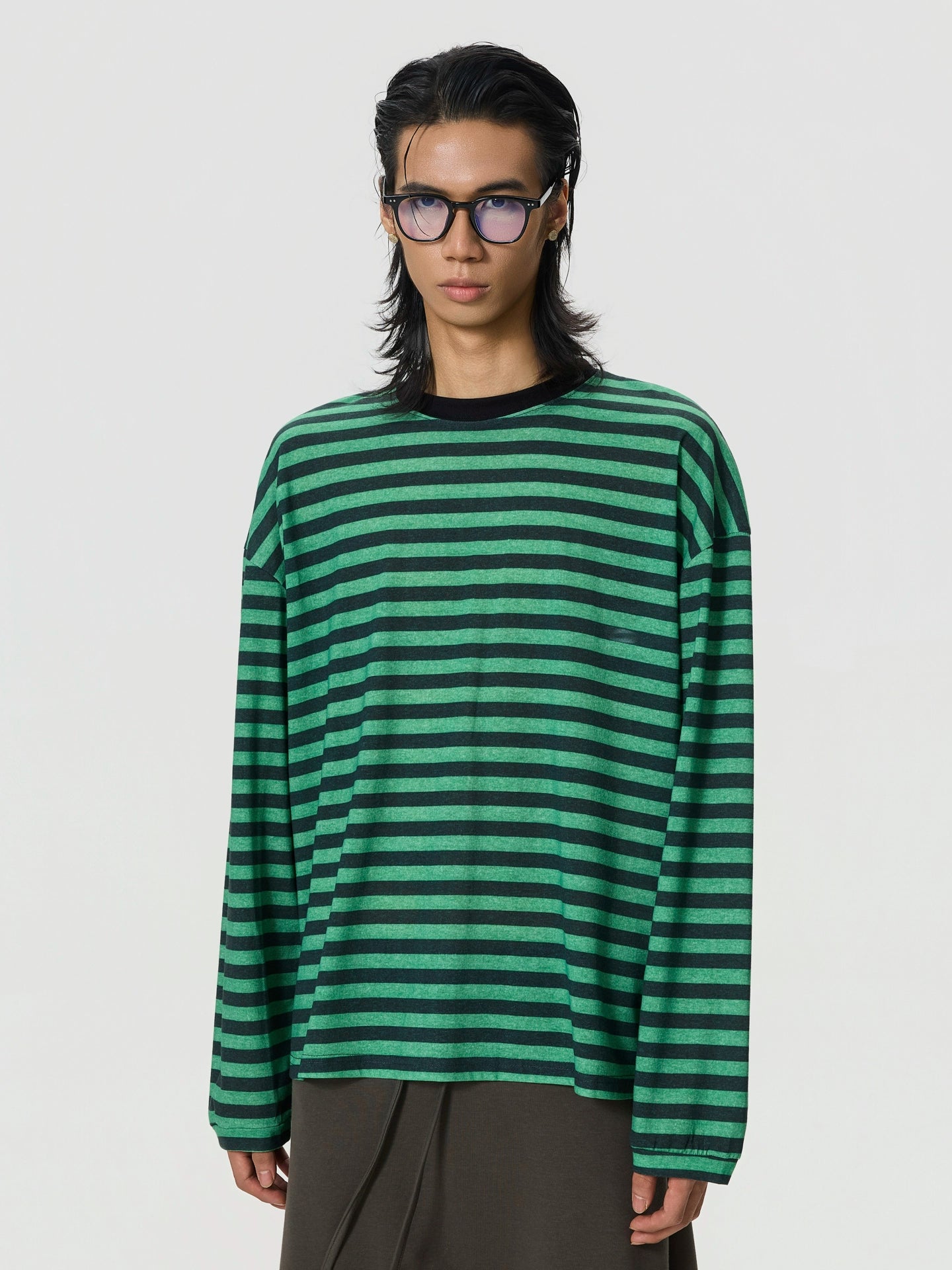 BTSG Vintage Loose Shoulder Black Green Striped Long Sleeve