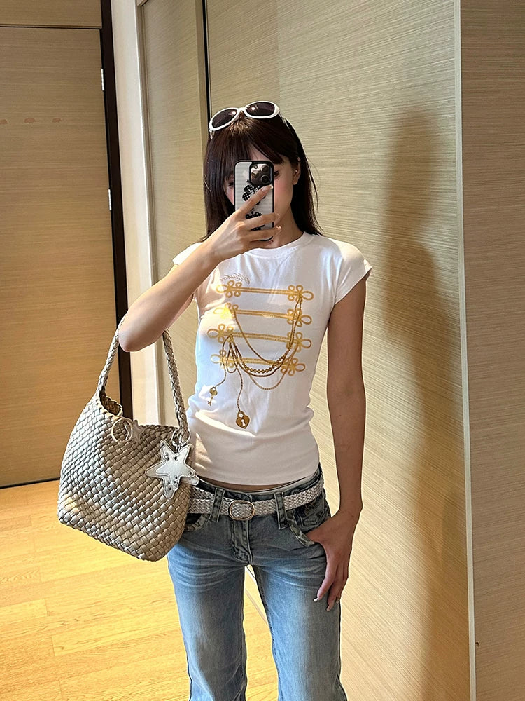 EAHO Chain Bronzing Printing Slim and Thin Tee