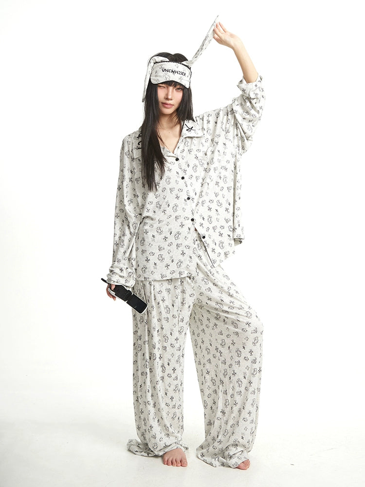 UNCMHISEX Hellokitty Printed Loose Lapel Long-sleeved Pajamas Three-piece Set