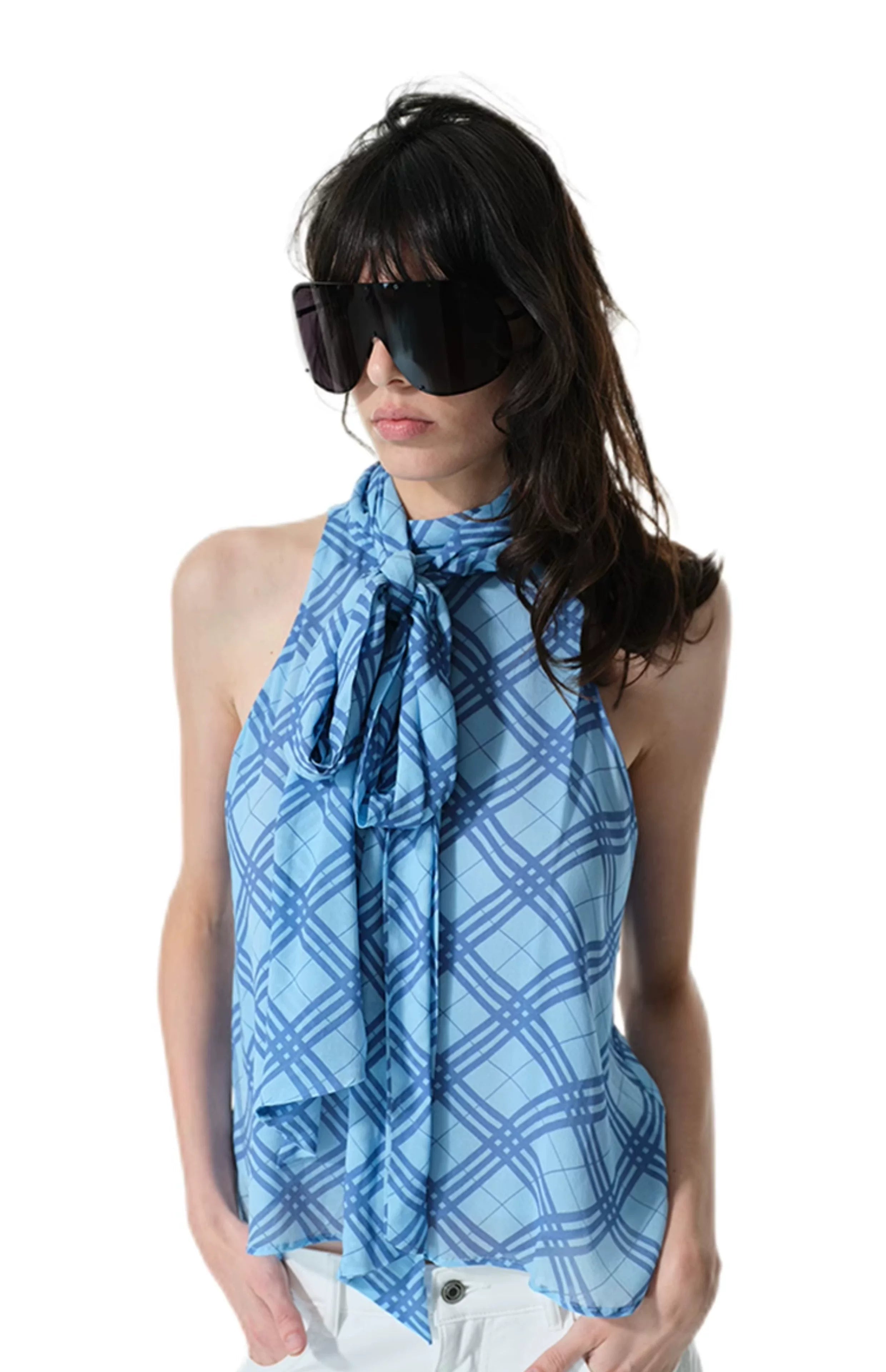 Two Little Guys Plaid Stand-up Collar Folded Adjustable Streamer Sleeveless Shirt