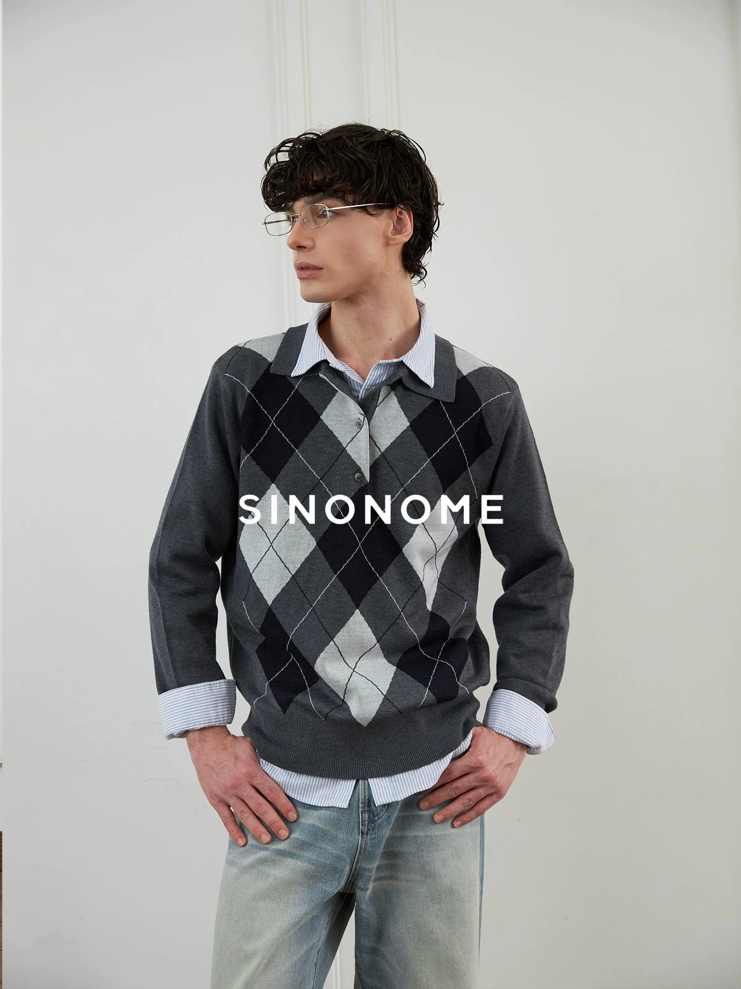 SINONOME wool blended grid retro Polo long-sleeved knitted sweater