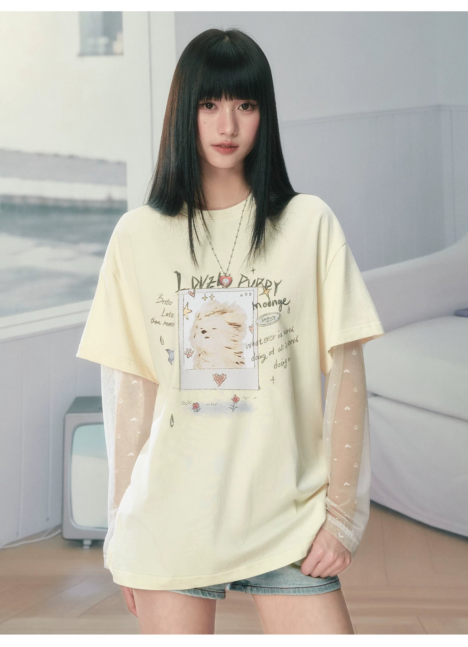 Ablueberry Cool Fake Two Piece Mesh Splicing Tee