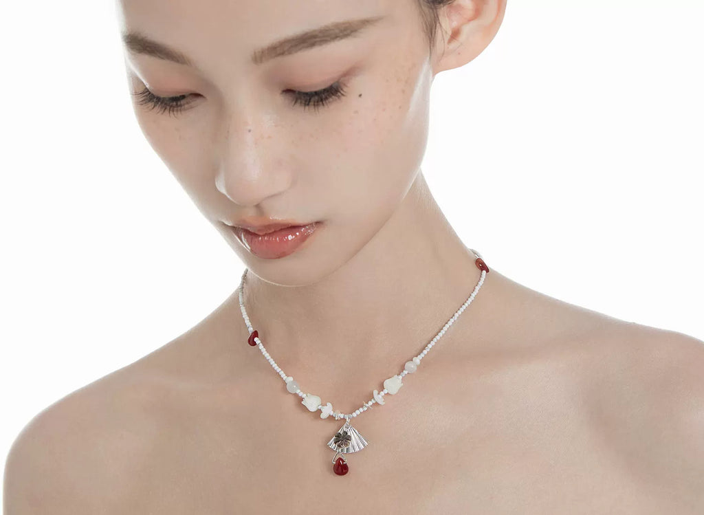 NO SOLUTION Turquoise Agate Beaded Chinese Folding Fan Necklace