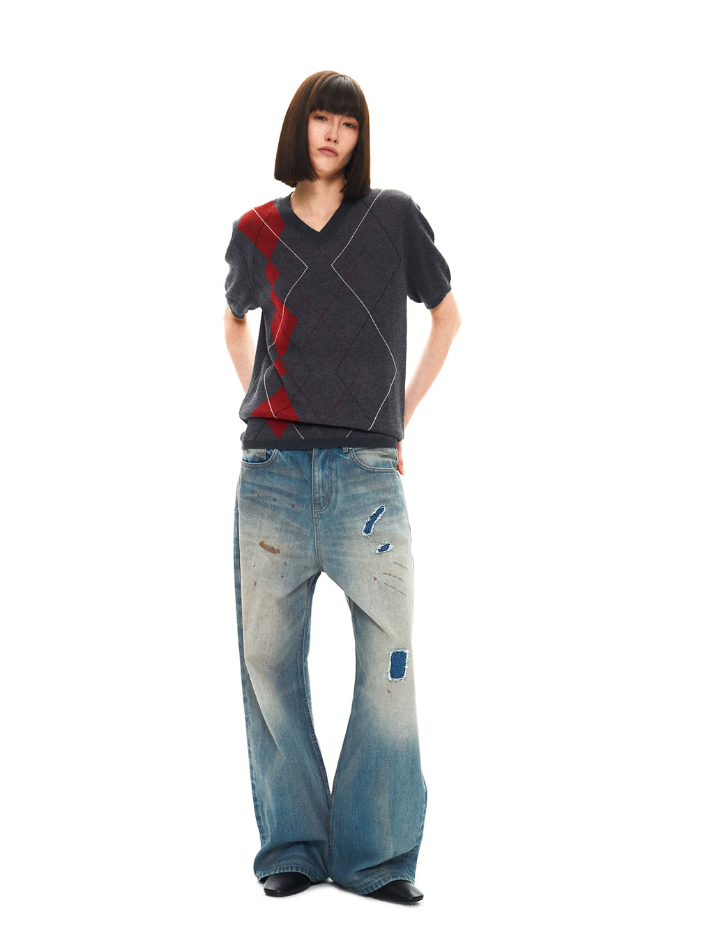 Slight Vogue Ripped Splicing Old Spray Embroidered Straight Jeans