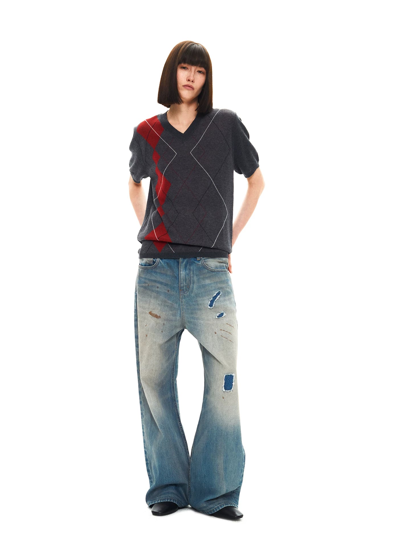 Slight Vogue Ripped Splicing Old Spray Embroidered Straight Jeans