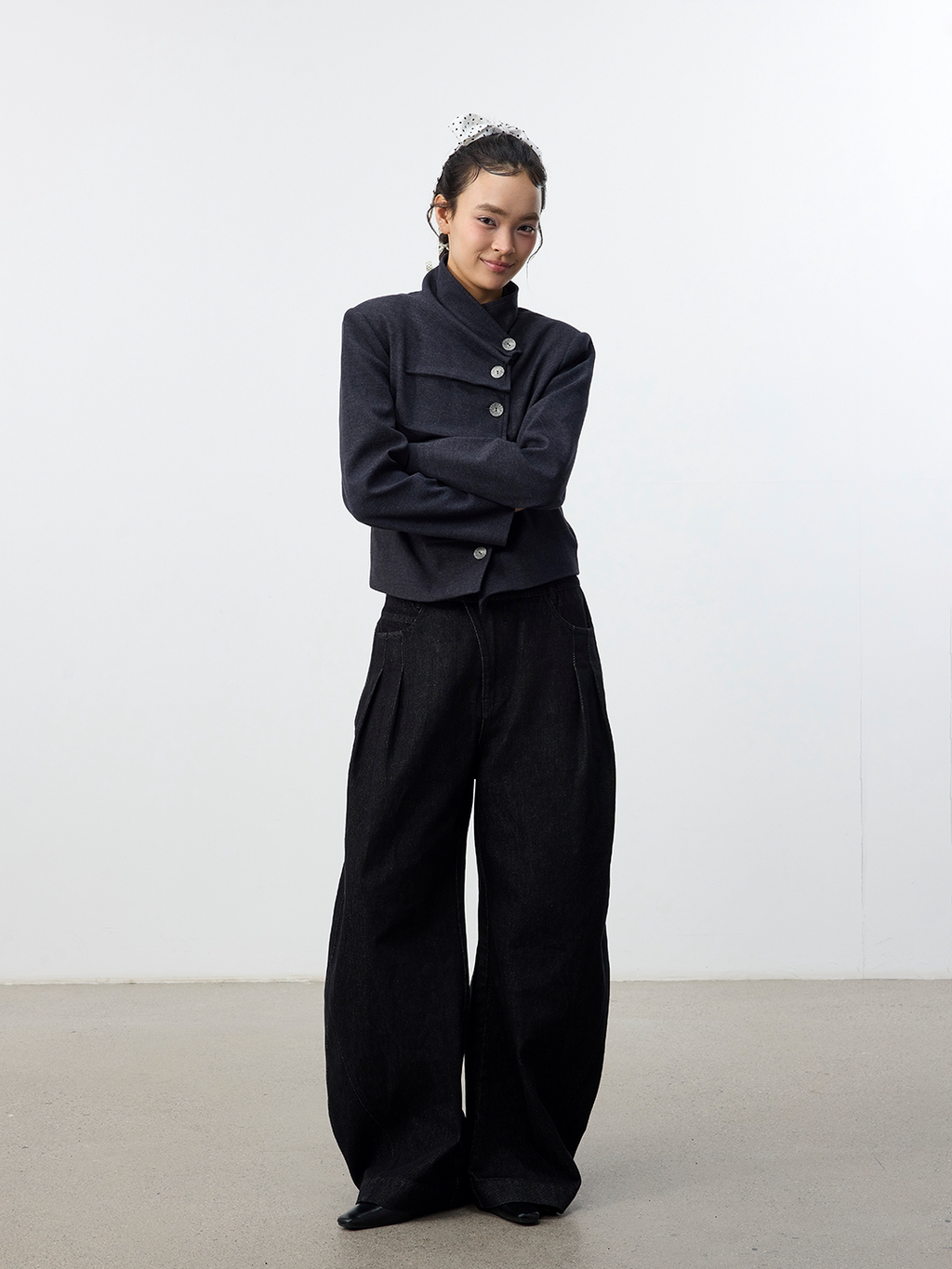 Set for Life Three-dimensional Pinch Pleated Oblique Placket Slim Short Jacket