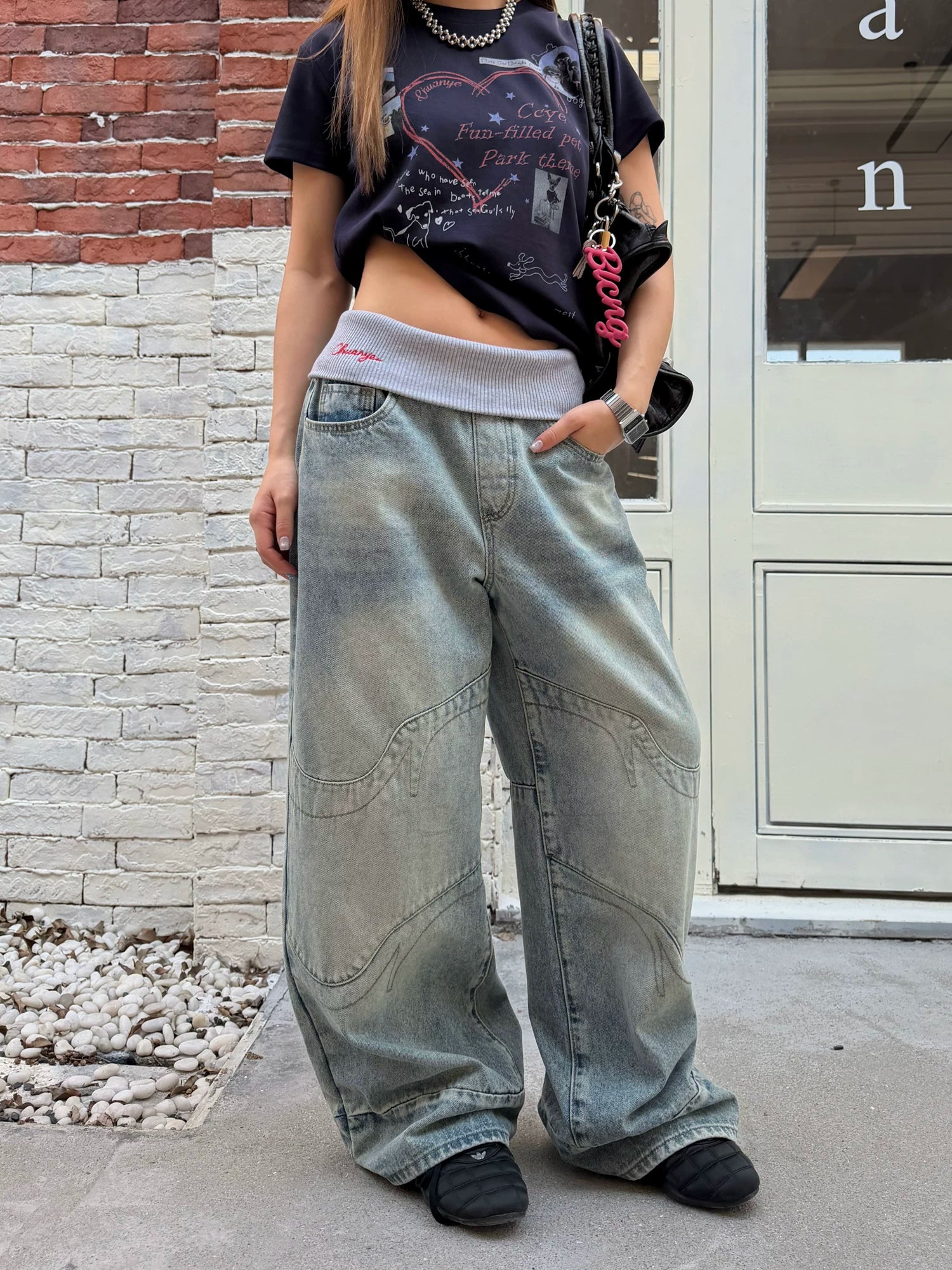 CCYE Fake Two-piece Spliced Waist Wide-leg Jeans