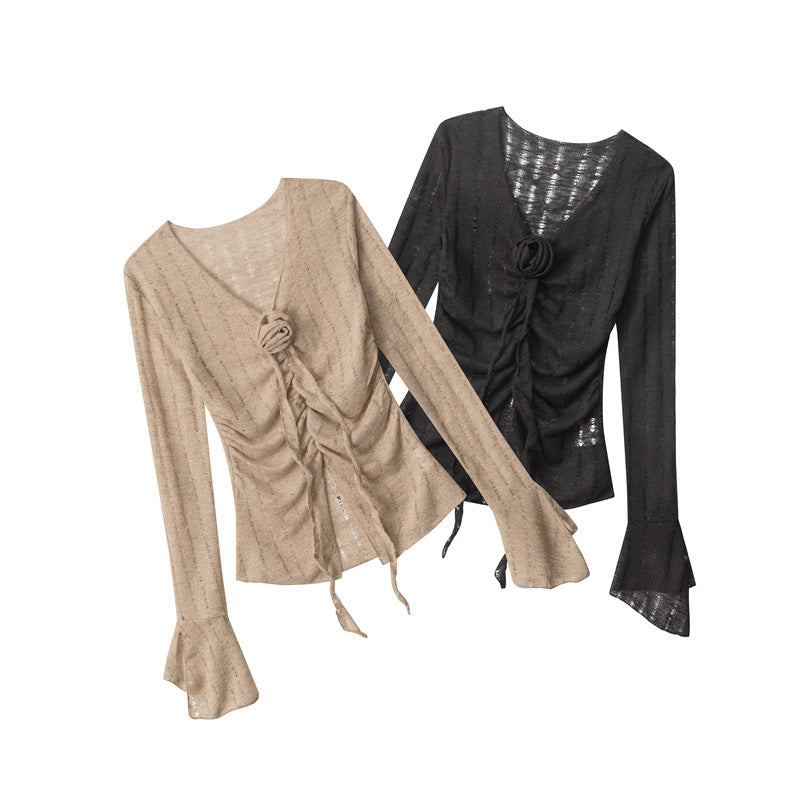 Nariele Hot Girls V-neck T-shirt Lace Sexy Long Sleeve Hollow Tops