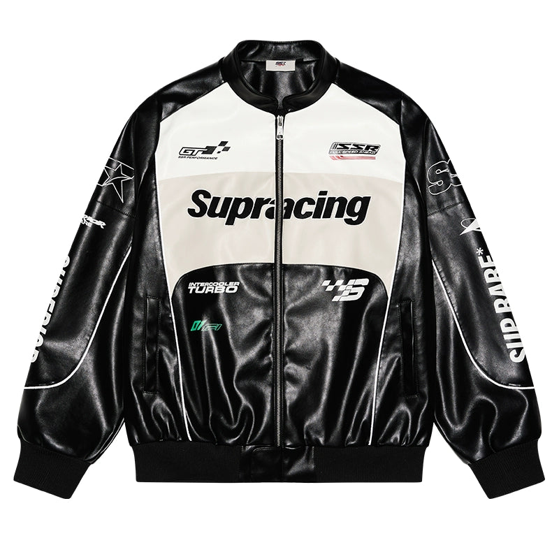 SSR Contrasting Splicing Pu Leather Racing Suit Stand-up Collar Jacket