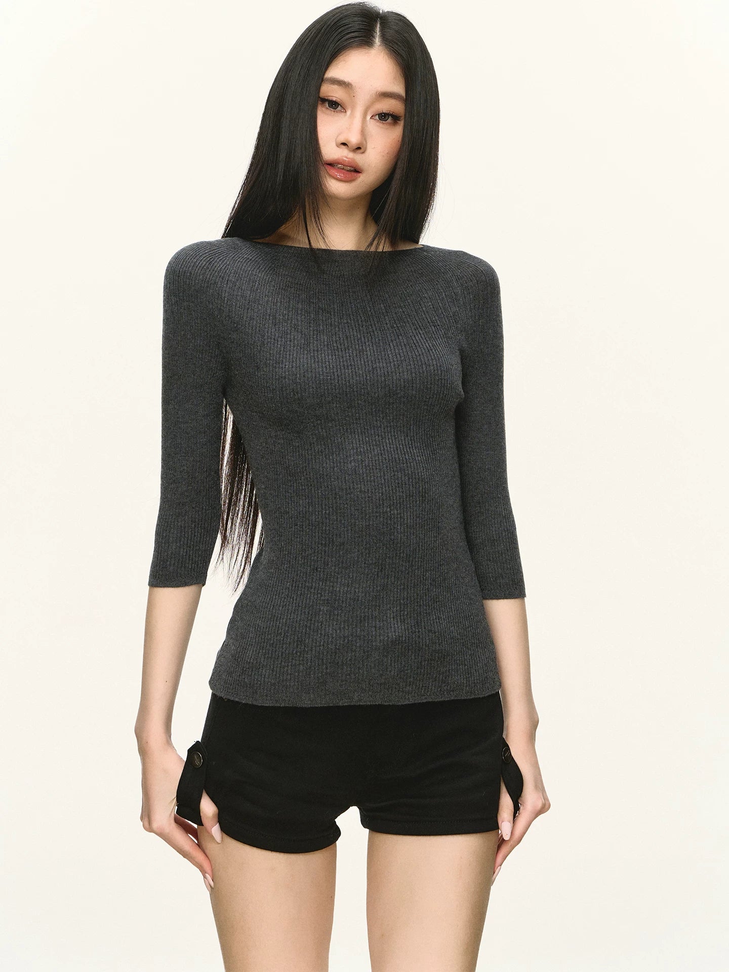 Anna Aneae Casual Slim Knit Mid-sleeve Tee