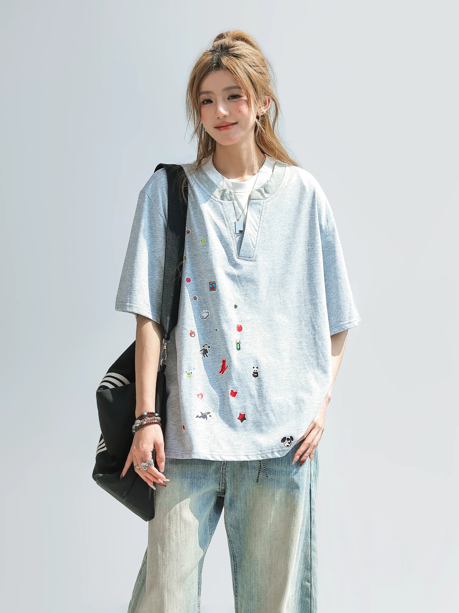 CHANT2nd Contrasting Color Splicing Fake Two-piece Loose Tee