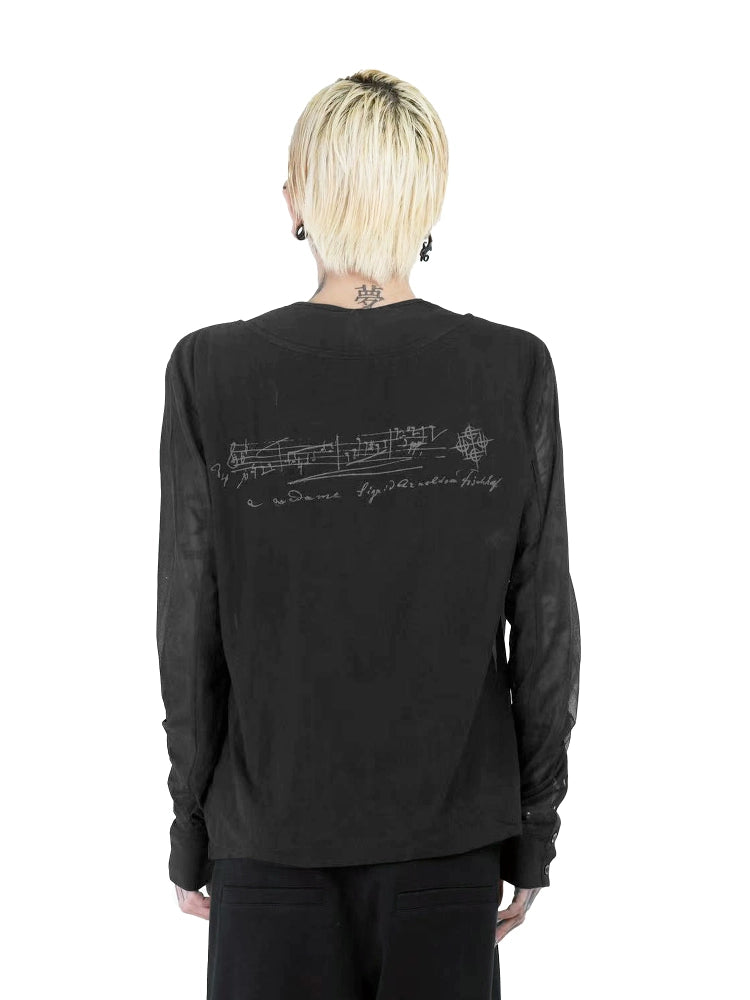 DETW Double-breasted Mesh Yarn Micro-transparent Slim-fit Long-sleeved T