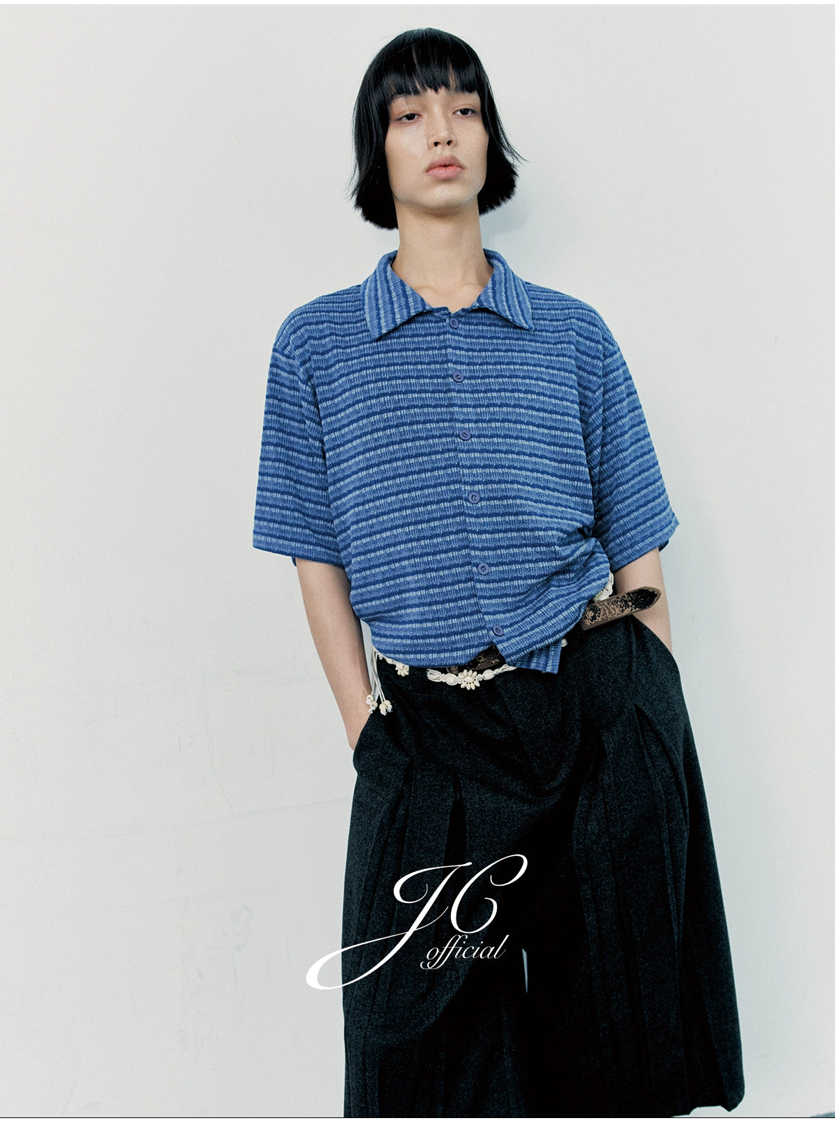 JCAESAR Striped Knitted Loose Short-sleeved Shirt