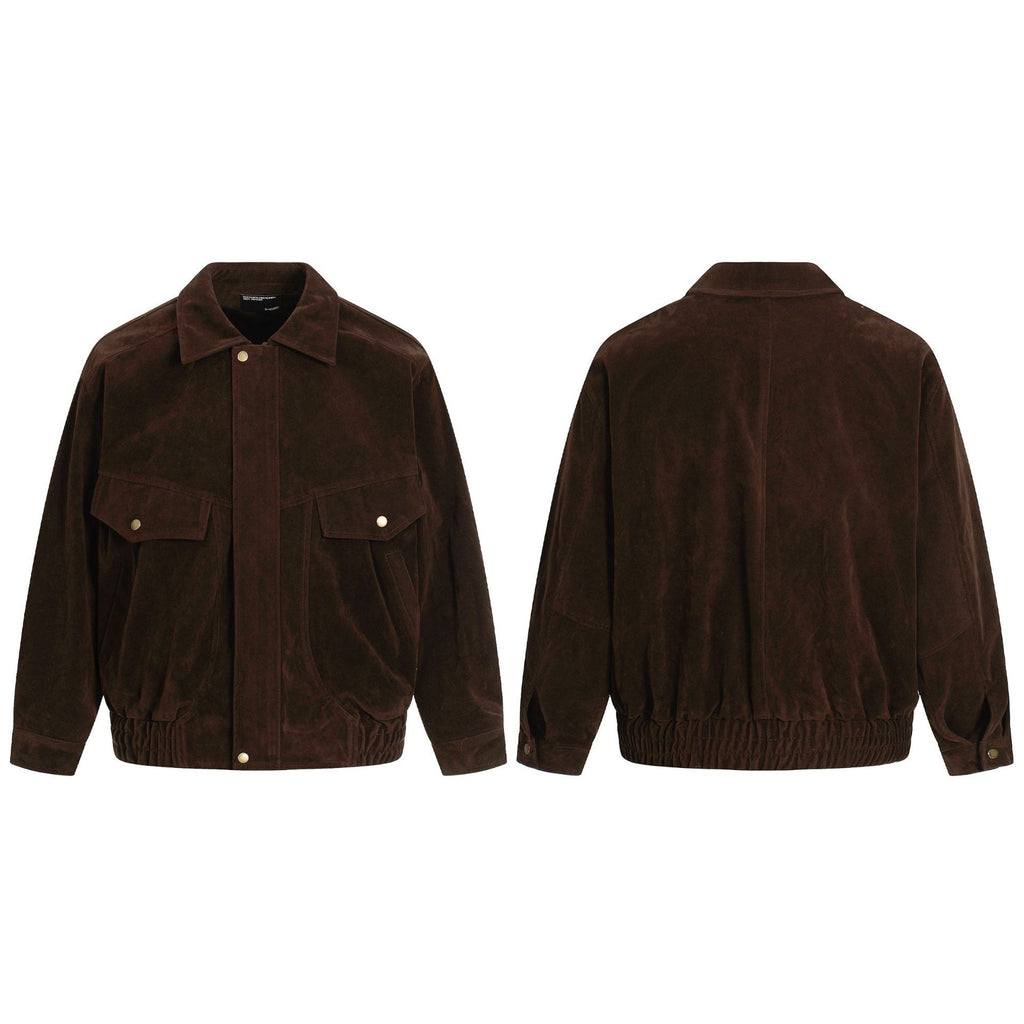 11KN Retro Loose Imitation Leather Fleece Lapel Jacket