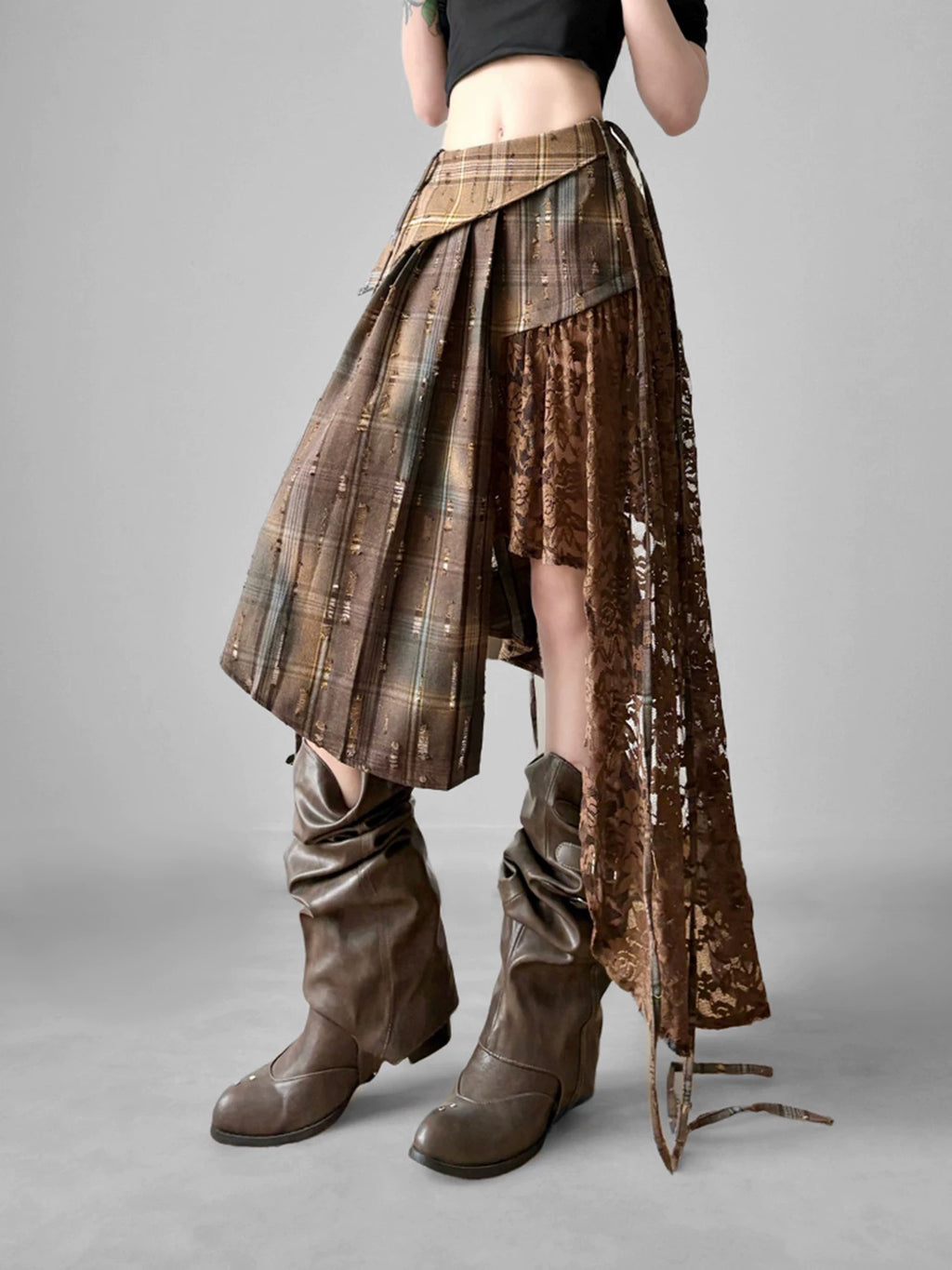 FUNOFF Vintage Irregular Lace Ribbon Checkered Skirt