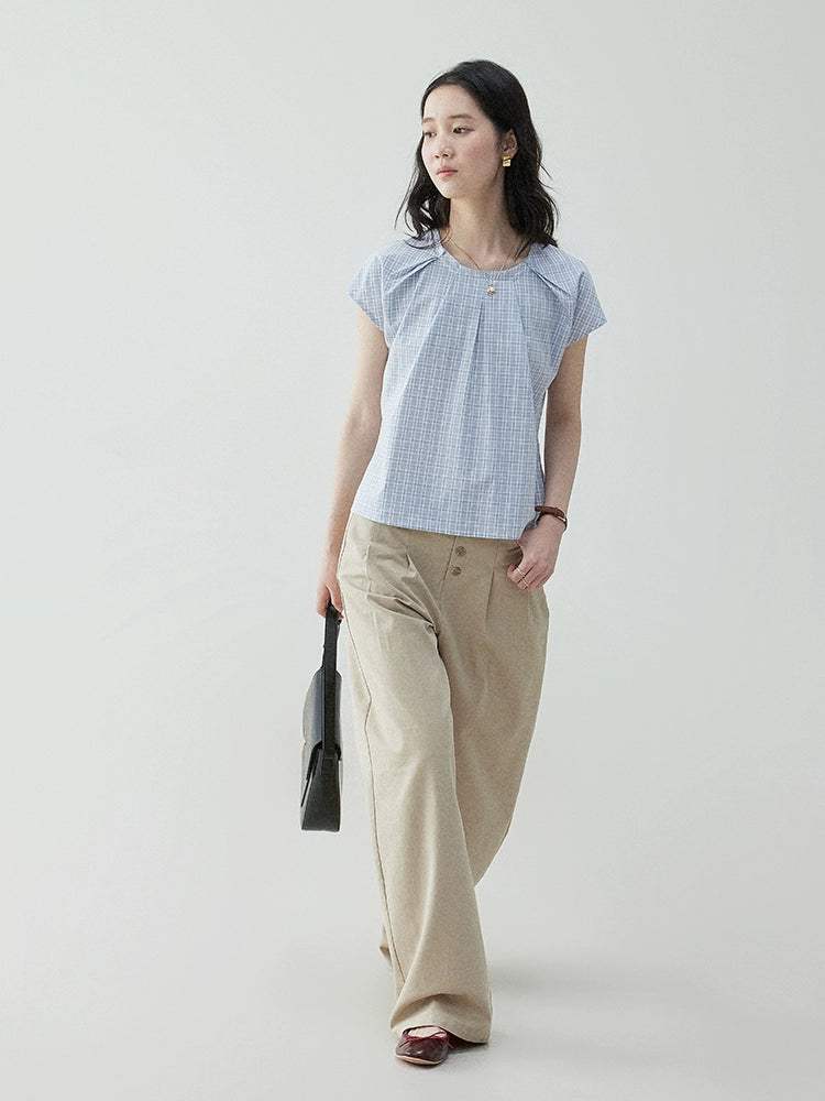 VOOE Contrast Checked Pleated Loose Fly Sleeve Shirt