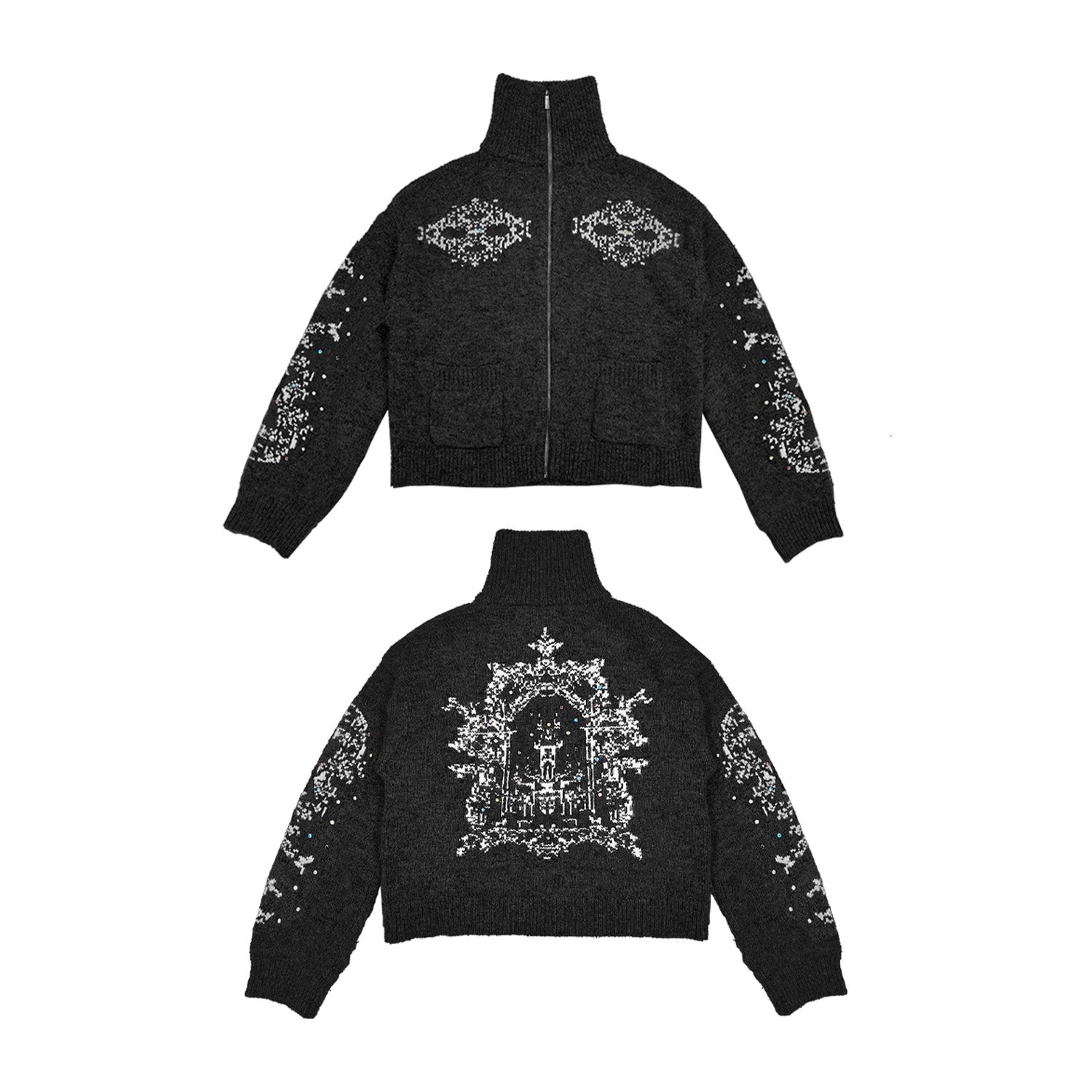 WANNA LAB Jacquard Upturned Neck Knitted Cardigan Sweater
